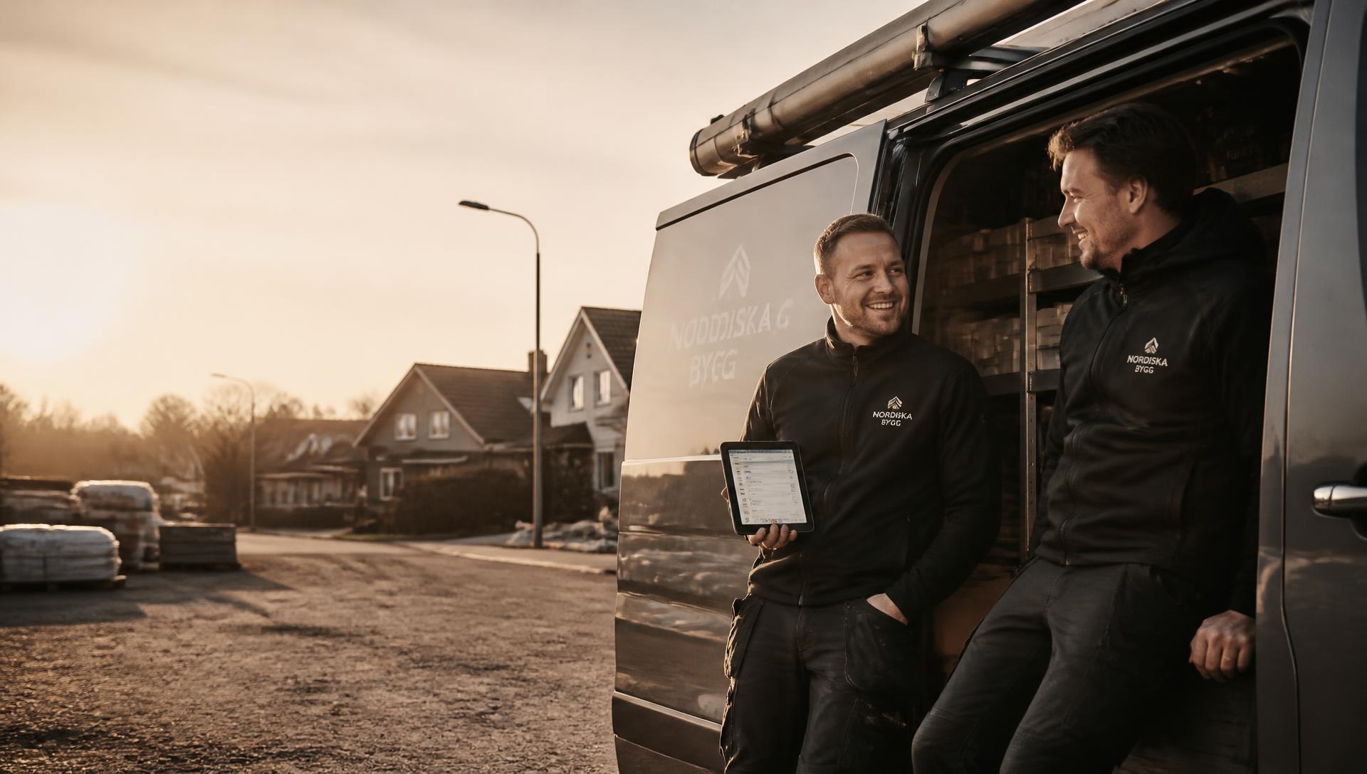 Två hantverkare vid servicebilen som tittar på KlarOffert i en surfplatta
