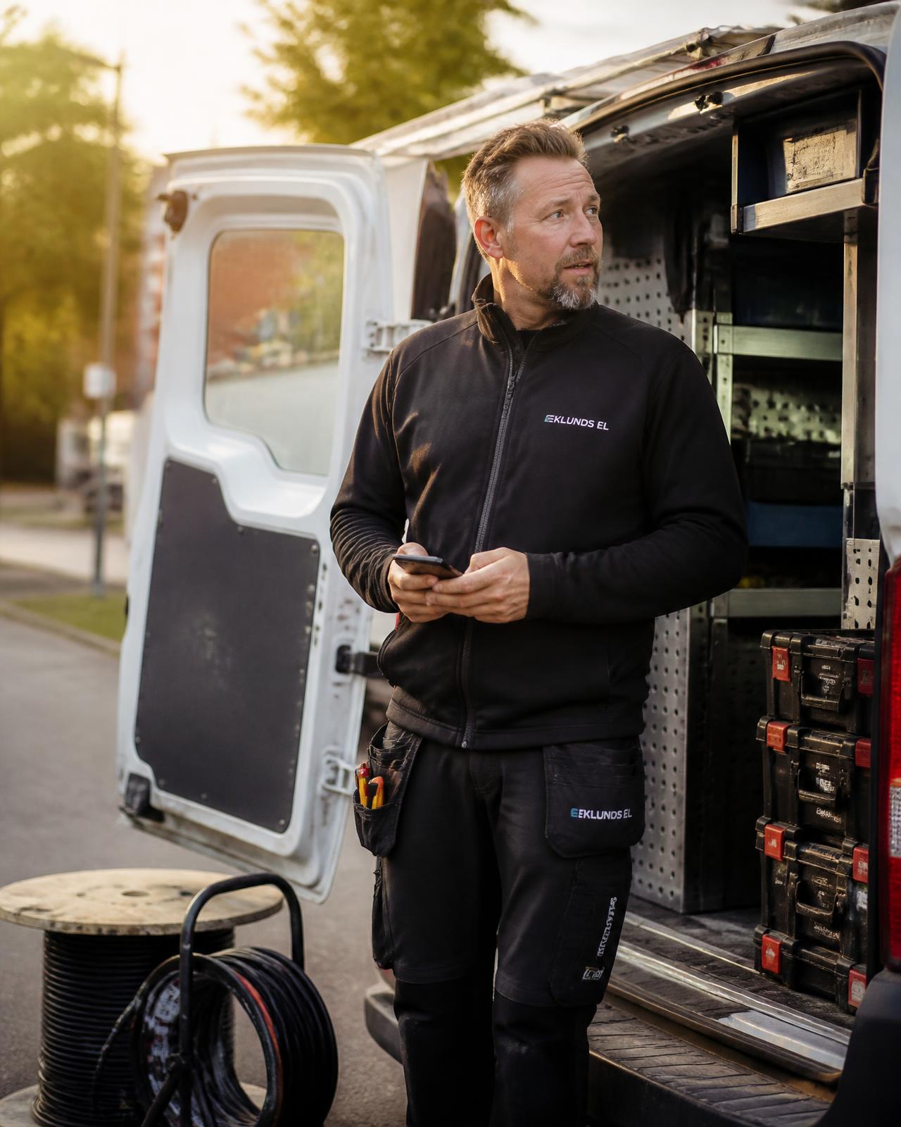 Elektriker vid sin servicebil som använder KlarOffert på mobilen